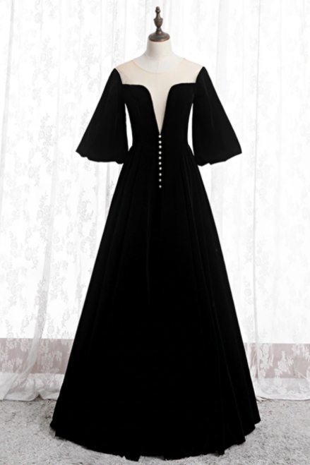 A-line Black Velvet Horn Sleeve See Through Prom Dress,pl1403