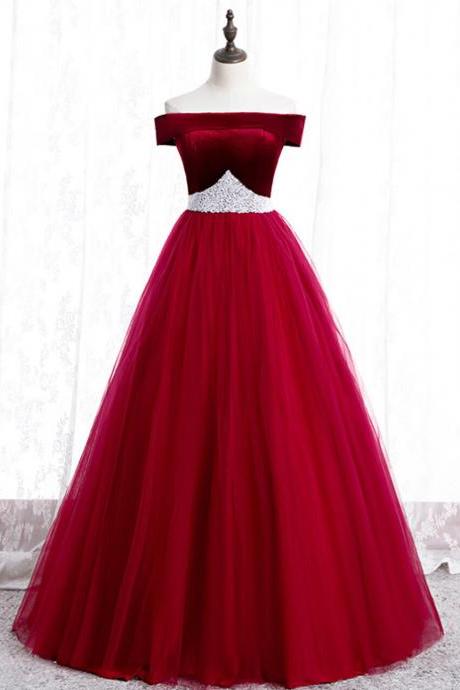 Burgundy Tulle Off The Shoulder Prom Dress With Pearls,pl1405