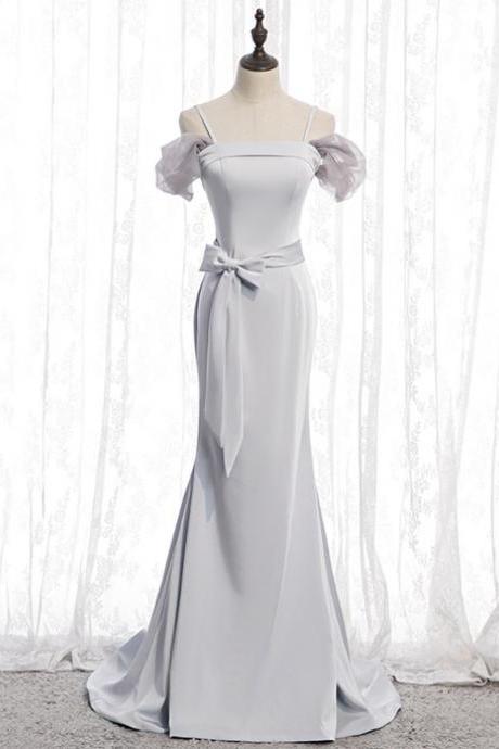 Silver Gray Mermaid Satin Spagehtti Straps Prom Dress With Sash,pl1408