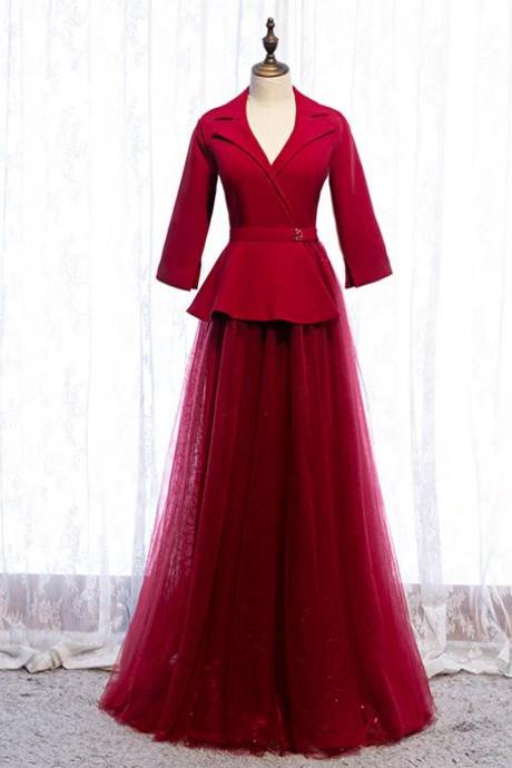 A-line Burgundy Tulle 3/4 Sleeve V-neck Prom Dress,pl1416