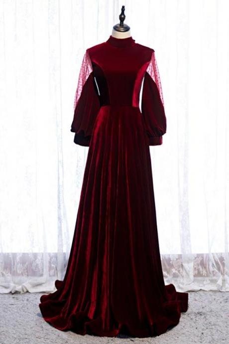 Dark Burgundy Velvet High Neck Long Sleeve Prom Dress With Bow,pl1418