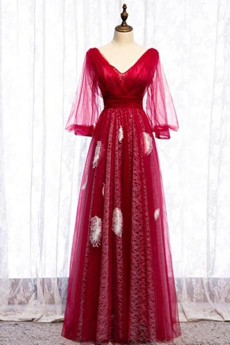 A-line Red Tulle V-neck Long Sleeve Backless Prom Dress,pl1419