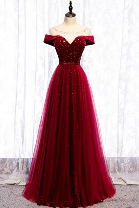 Burgundy Tulle Star Sequins Cap Sleeve Prom Dress,pl1420