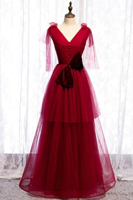 Burgundy Tulle V-neck Pleats Long Prom Dress With Bow,pl1422