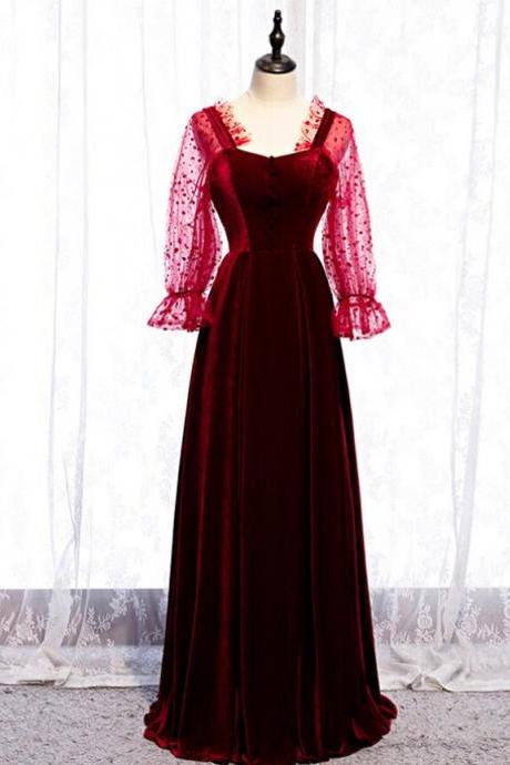 A-line Burgundy Velvet Long Sleeve Backless Prom Dress,pl1424