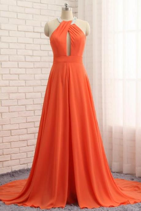 A-line Orange Chiffon Halter Cut Out Backless Prom Dress,pl1425