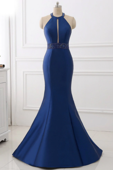 Blue Satin Mermaid Halter Cut Out Backless Long Prom Dress,pl1429
