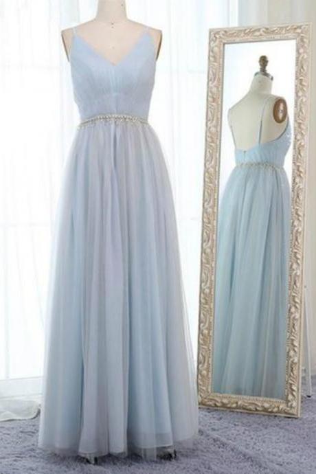 Light Blue Tulle Spaghetti Straps Backless Pleats Prom Dress With Beading,pl1433