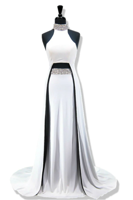 Mermaid High Neck Sleeveless Beaded Crystals White Prom Dress,pl1437