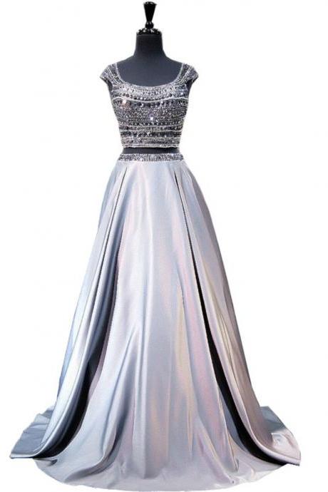 A-line Cap Sleeve Beaded Crystals Grey Backless Two Piece Prom Dresses,pl1441