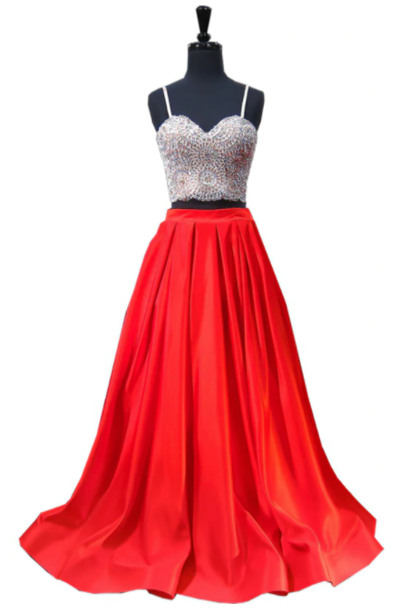 A-line Sweetheart Spaghetti Strap Satin Red Two Piece Prom Dress,pl1442