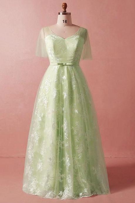 Plus Size Green Lace Tulle Short Sleeve V-neck Prom Dress,PL1446