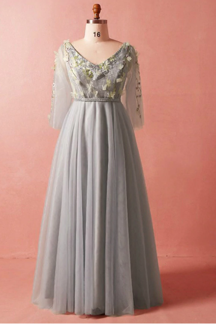 Plus Size Gray V-neck Long Sleeve Tulle Floor Length Prom Dress,pl1447