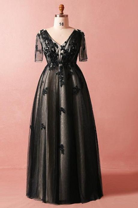 Plus Size Black Tulle Short Sleeve Empire Waist V-neck Prom Dress,pl1449