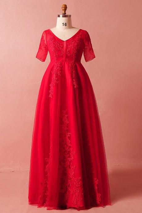 Plus Size Red Lace Tulle Short Sleeve V-neck Prom Dress,pl1451