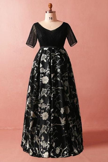Plus Size Black Print High Waist Short Sleeve Prom Dress,pl1457
