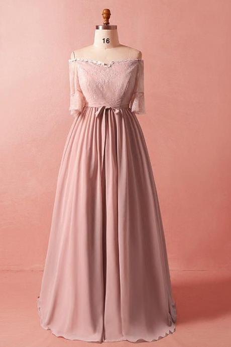 Plus Size Pink Chiffon Short Sleeve Off The Shoulder Prom Dress,pl1458