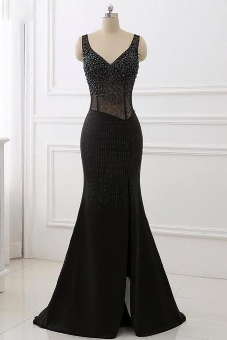 Black V-neck Beaded Prom Dresses Sleeveless Split,pl1461
