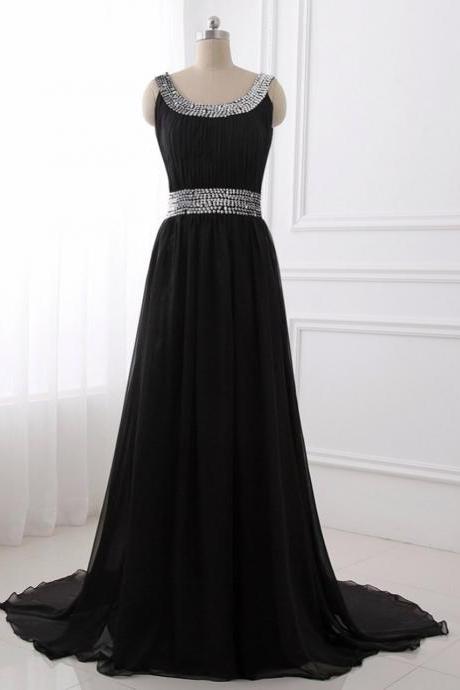 A Line Chiffon Scoop Neck Black Evening Dress Pleat Sequined Waist,pl1463