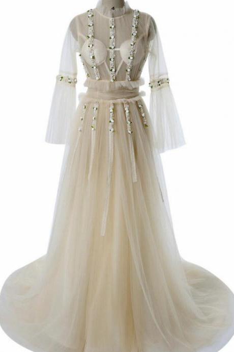 Bohemian Style Champagne Long-sleeved Bridal Party Dress,pl1469