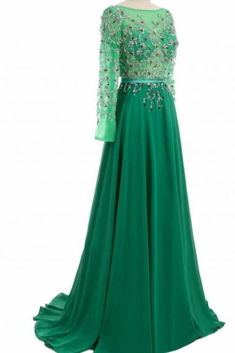 Green Open Back Long Sleeve Crystal Evening Gown Eevening Gown,PL1470