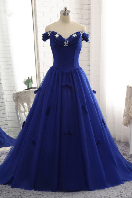 Royal Blue Prom Dress Luxury Tulle Beaded Bow Gown,pl1476