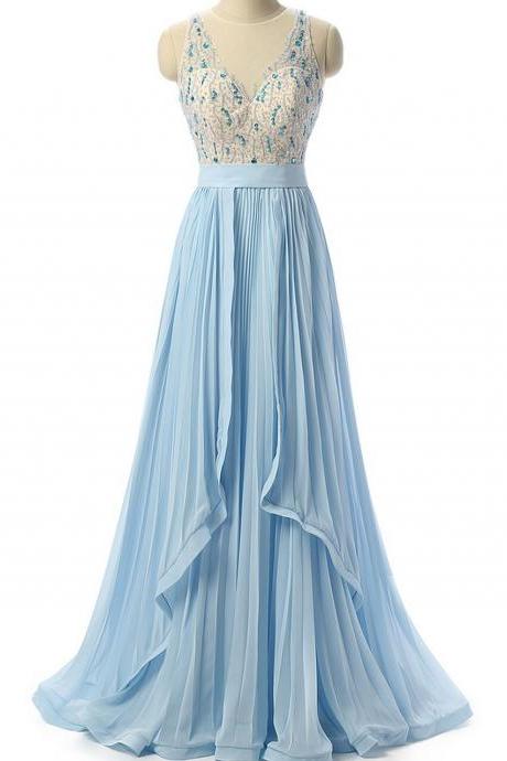 Sky Blue Beaded Prom Dress Formal Women Evening Dresses,pl1481