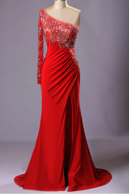 Red Bling One Shoulder Beads Crystal Vestido Para Formatura Longo Sexy Dress,pl1491