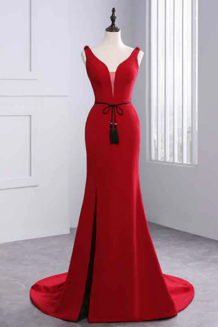 Sexy Mermaid Red Satin V-neck Backless Prom Dress With Sash,pl1493