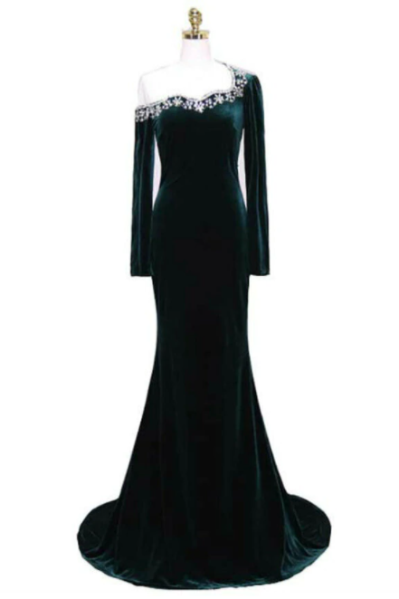 Green Mermaid Long Sleeve Velvet Prom Dress With Crystal,pl1494
