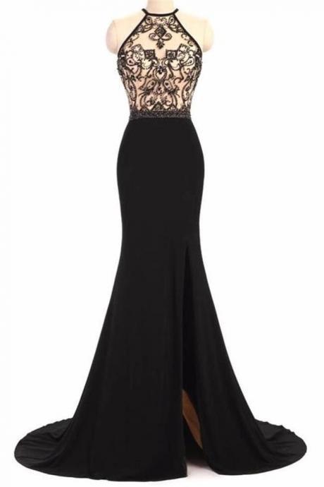 Spaghetti Straps Lace Black Mermaid Long Slit Prom Dresses Formal Evening Dress Party Gowns ,PL1500