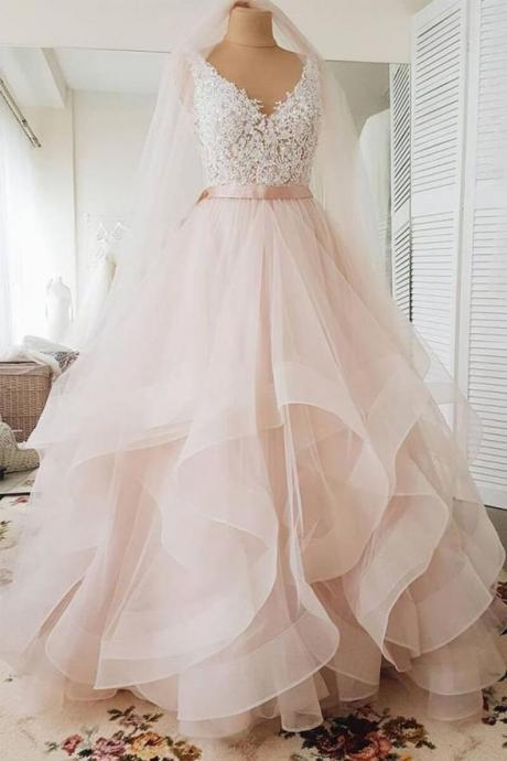 Ball Gown Light Pink Lace High Low Tiered Skirt Fluffy Wedding Prom Dresses Formal Dress,pl1502