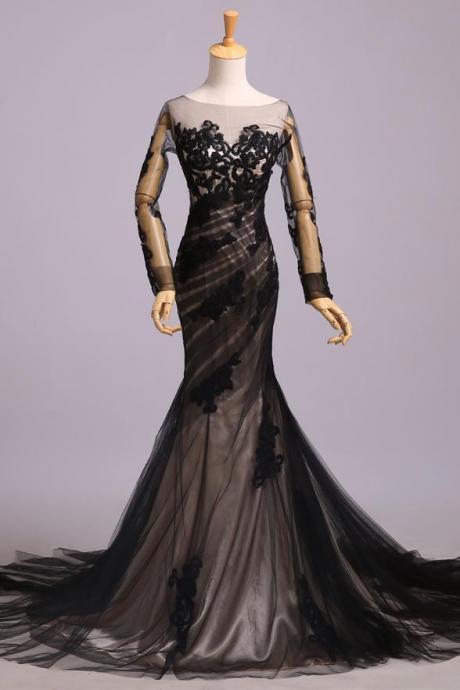 Black Lace Appliques Long Sleeves Mermaid Backless Chic Prom Dresses Evening Dress Gowns,pl1504