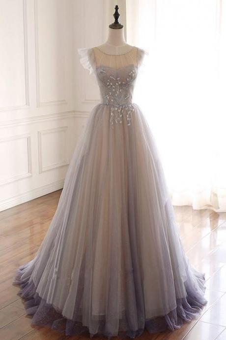 Gray Purple Round Neck Tulle Long Prom Dress Tulle Formal Dress,pl1508