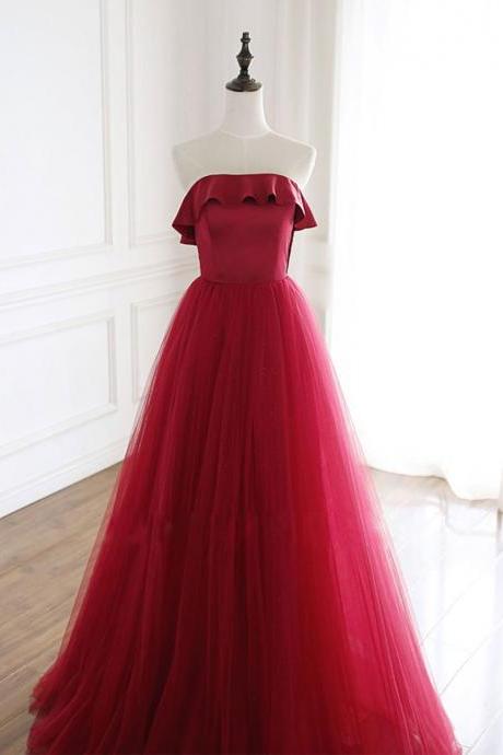 Simple Burgundy Tulle Long Prom Dress Burgundy Formal Dress,pl1509