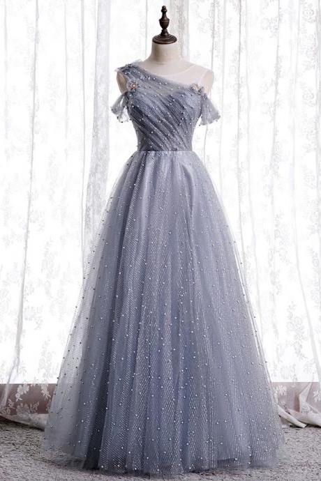 Gray Tulle Beads Long Prom Dress Gray Tulle Formal Dress,pl1511