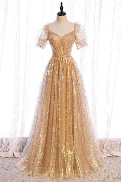 Gold Tulle V Neck Long Prom Dress Gold Tulle Formal Dress,pl1513