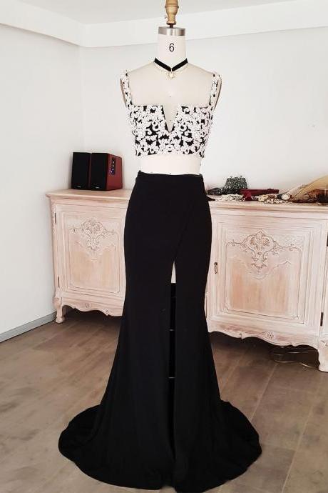 Black Lace Two Pieces Long Prom Dress Black Evening Dress,pl1515