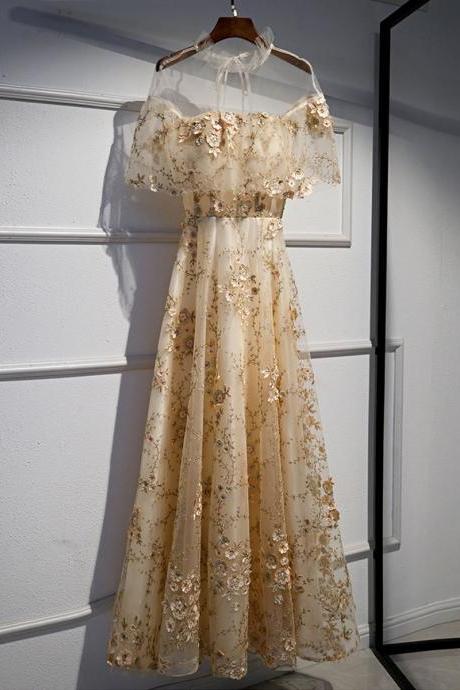 Champagne Tulle Lace Long Prom Dress Champagne Formal Dress,pl1518