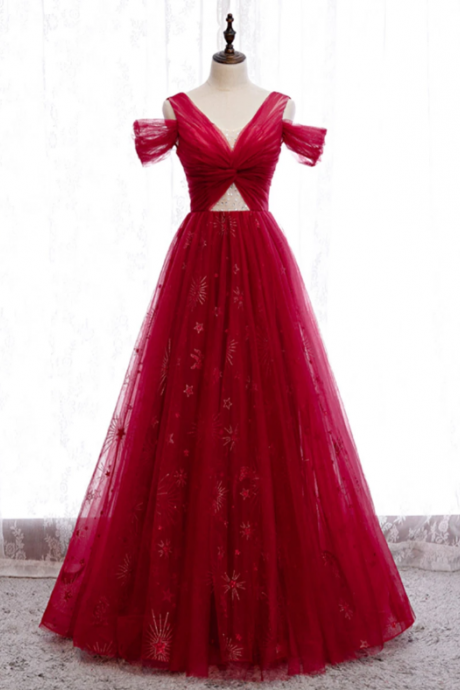 Burgundy V Neck Tulle Lace Long Prom Dress Burgundy Evening Dress,pl1527