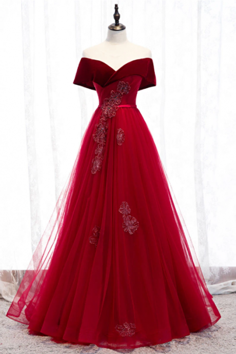 Burgundy Tulle Off Shoulder Long Prom Dress Burgundy Formal Dress,pl1532