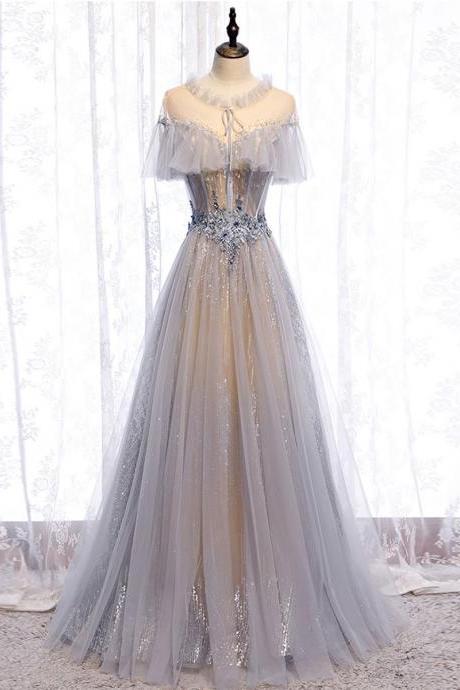 Gray Tulle Lace Long Prom Dress Gray Tulle Formal Dress,pl1534