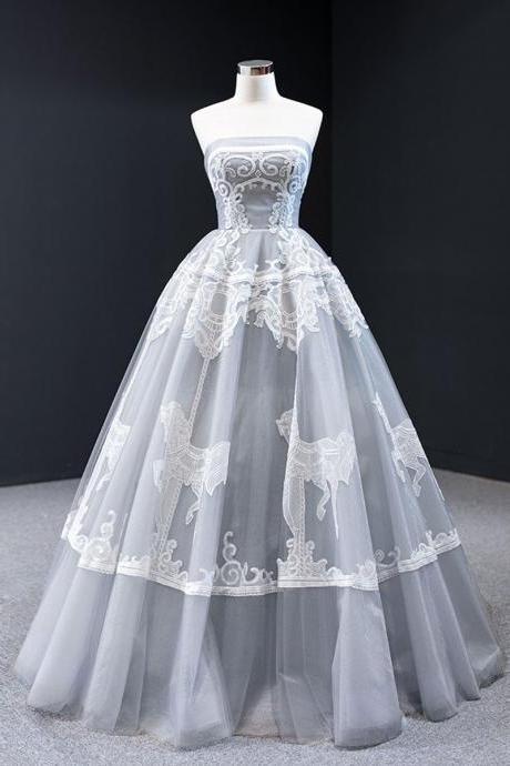 Gray Sweetheart Tulle Lace Long Prom Dress Gray Tulle Formal Dress,pl1535