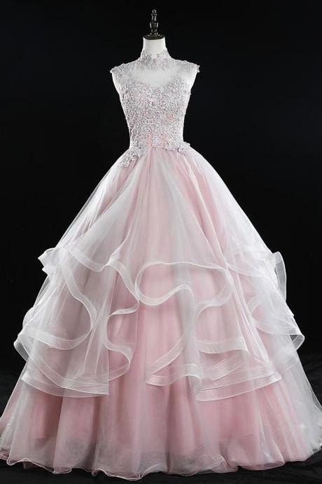 Pink High Neck Tulle Lace Long Sweet 16 Dress Tulle Lace Pink Prom Dress,pl1544