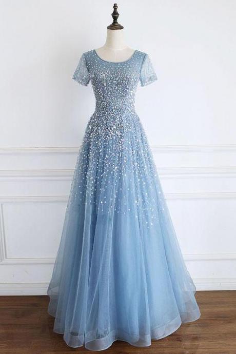 Blue Round Neck Tulle Sequin Beads Long Prom Dress Blue Tulle Formal Dress,pl1553