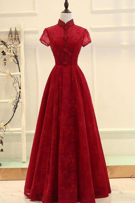 Burgundy High Low Lace Long Prom Dress, Burgundy Evening Dress,pl1567