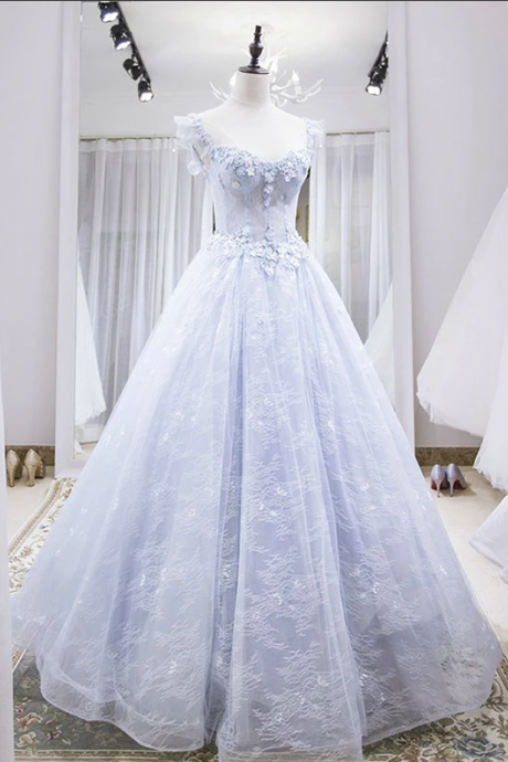 Light blue tulle lace long prom dress, blue evening dress,PL1573