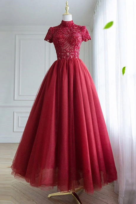Burgundy Tulle Lace Long Prom Dress, Tulle Lace Evening Dress,pl1575
