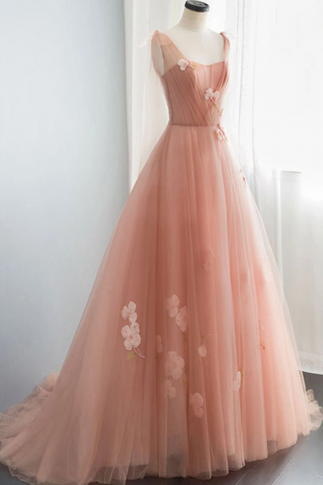 Pink v neck tulle long prom dress, tulle evening dress,PL1576
