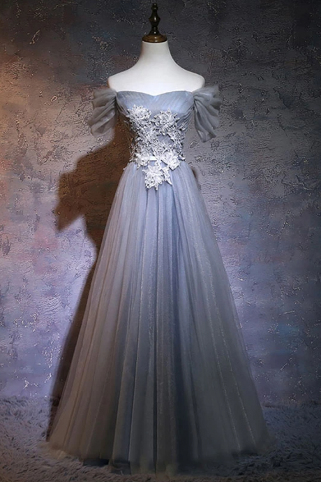 Gray A-line Tulle Lace Applique Long Prom Dress, Gray Bridesmaid Dress,pl1596